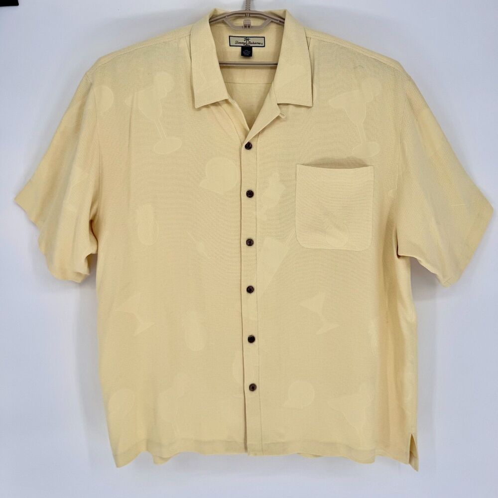 Tommy Bahama Silk Camp Shirt Mens XXL Butter Yellow Martini Pineapple Tropical